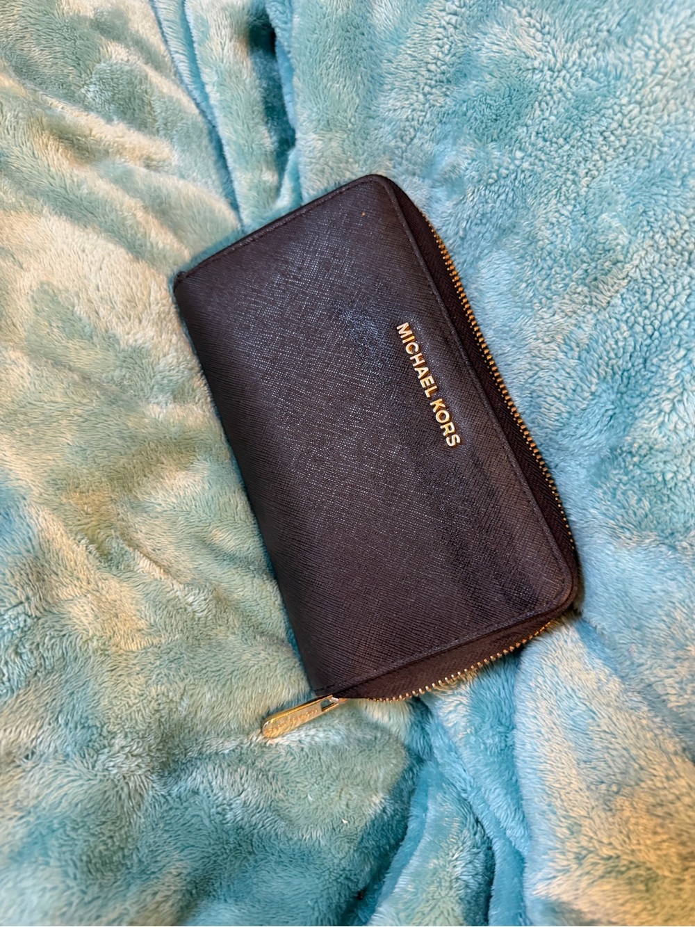 Michael Kors Navy Saffiano Zip Wallet with Gold Hardware